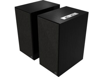 Pair of black Klipsch The Nines wireless speakers, rectangular, black grilles, silver plates