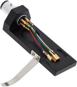 Ortofon LH-4000 pickup-hus, perspektivvisning, sort krop, forgyldte stik, røde, grønne, blå, hvide ledninger, sølvfarvet løftestang