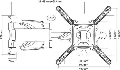 Svart metallväggmonterad TV-arm med dubbla armar, dimensioner och rotationsvinklar angivna på teknisk ritning
