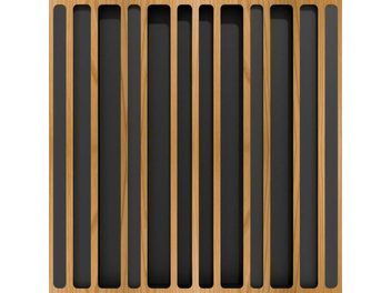 Once lamas verticales de madera clara y oscura alternadas, rectangulares, alargadas, paralelas, del mismo tamaño, sobre fondo blanco