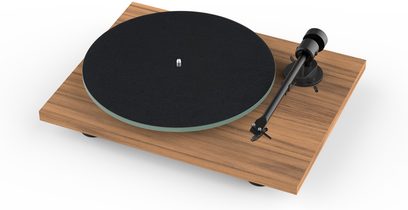 Platine vinil hi-fi Pro-Ject T1 EVO Phono nogueira com prato circular preto, braço de leitura preto e base em madeira clara