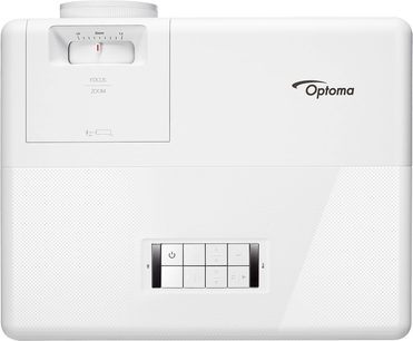 Optoma HZ40 hvid videoprojektor, set forfra, med zoom, fokus og kontrolknapper øverst