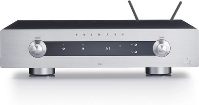 Amplificatore hi-fi stereo Primare I35 Prisma M36 argento, telaio in metallo spazzolato, manopole rotanti, display LED, griglie nere