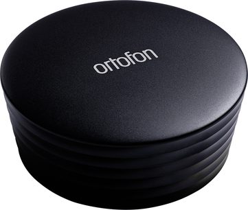 Palet presor Ortofon Record Stabilizer Heavy negru, vedere în perspectivă, suprafață superioară netedă cu logo, părți laterale canelate