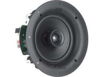 Altavoz empotrable de techo redondo negro Cabasse Archipel 17ICP, altavoz central, tornillos visibles, vista frontal