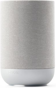 Trådløs Denon Home 200 højttaler i grå stenfarve med netstof, glat afrundet base, set forfra mod hvid baggrund