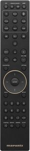 Mando a distancia negro rectangular con botones circulares y rectangulares, texto blanco, logotipo de Marantz en la parte inferior
