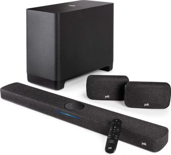 Černý soundbar Polk Audio React s subwooferem a dvěma bezdrátovými zadními reproduktory