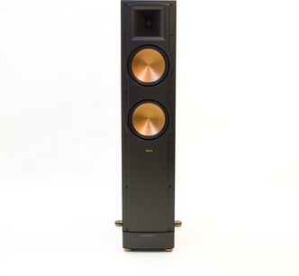 Klipsch RF-82 MkII svart gulvhøyttaler, frontvisning, med to runde, gylne høyttalerelementer og en diskant på frontpanelet