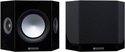 Біполярна акустична система Monitor Audio Silver FX 7G у чорному лакованому виконанні, вигляд спереду та збоку, центральний динамік, квадратний корпус
