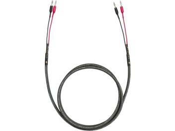 Cardas HP 101 Lautsprecherkabel 2 x 4m, Draufsicht, rote und schwarze Bananenstecker, graue Ummantelung mit Aufschriften