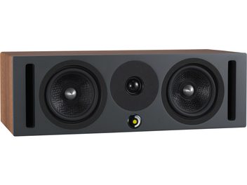 Boxă centrală Davis Acoustics Krypton C Classik nuc, vedere frontală, 2 difuzoare circulare, 1 tweeter central, 2 porturi verticale.