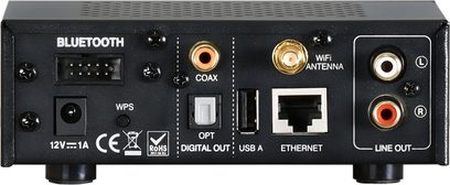 Rückseite eines schwarzen Elektronikgeräts mit RCA-Anschlüssen, Ethernet, USB, WLAN-Antenne, optischem Ausgang, Bluetooth, WPS