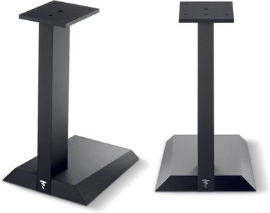 Two matte black metal Focal Chora 806 rectangular floor-standing speakers, shown in three-quarter and side views