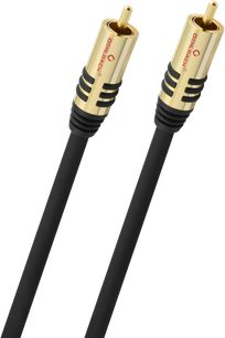Cabo subwoofer Oehlbach NF Sub 3m preto com revestimento em PVC e dois conectores RCA macho metálicos dourados com anéis pretos, vista em perspectiva