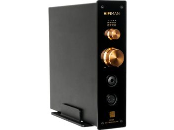 Højkvalitets hovedtelefonforstærker Hifiman EF499, set fra trekvart vinkel, sort front, 2 gyldne knapper, 2 jackstik, 1 afbryder
