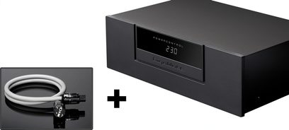 Kondycjoner sieciowy GigaWatt PowerControl w kolorze czarnym, z czerwonym wyświetlaczem cyfrowym, częściowo widoczny kabel zasilający PowerSync Plus