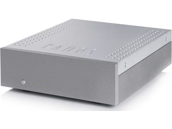 High-fidelity power amplifier Pathos AmpliD silver, rectangular metallic gray enclosure, perforated front panel, knobs and indicator lights
