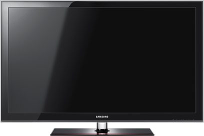 Fladskærms-TV fra Samsung LE46C630, rektangulær sort skærm, set forfra, placeret på en sort fod