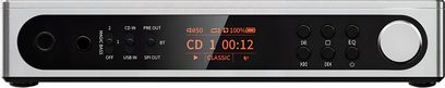 Hi-fi CD-spiller FiiO DM15 R2R sølv sett forfra med oransje skjerm, svarte knapper og stor dreieknapp