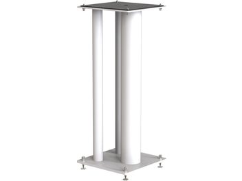 Luidsprekervoetstuk Norstone Design Stylum Max wit satijn, 4 witte cilindrische zuilen op een grijze vierkante basis, vooraanzicht