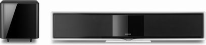 Samsung HT-BD8200 schwarze Soundbar mit passendem Subwoofer, Frontansicht auf weißem Hintergrund
