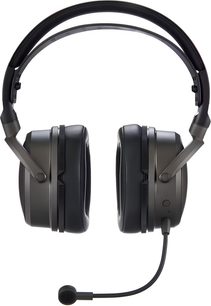 Sort og grå Audeze Maxwell 2 PlayStation-hovedtelefon med bred hovedbøjle og fleksibel mikrofonbom set forfra