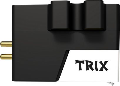 Schwarze und weiße Ortofon VNL TRIX-Tonabnehmerzelle aus Kunststoff, Seitenansicht, zwei goldene Pins, Aufschrift „TRIX“