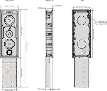 Zástavbový nástěnný reproduktor Bowers & Wilkins CWM7.3 S2, technický náčrt s pohledy zepředu, z boku a zezadu včetně rozměrů