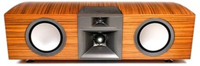 Klipsch P27C centralhøjttaler i naturligt lyst træ, set forfra, med to runde højttalere og en diskant