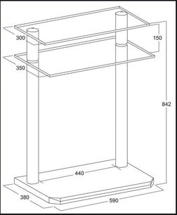 Teknisk tegning med mål af et Gisan PLS06NE audio-/videomøbel i glas og metal, set forfra og fra siden, 590 x 842 x 440 mm