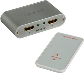 Przełącznik HDMI 2 do 1 Lindy 32598 widok z przodu i z tyłu, obudowa w kolorze metalizowanego szarego, 2 porty HDMI wejściowe, 1 port HDMI wyjściowy, wskaźniki LED