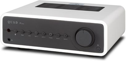 Ampli hi-fi stéréo Quad Vena laqué blanc, vue de face, façade noire avec boutons et prises, affichage LED