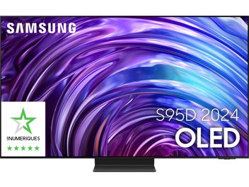 Телевізор Samsung S95D OLED 2024, вигнутий екран з фіолетовими та синіми кольорами, логотип із зелених зірок у лівому нижньому куті