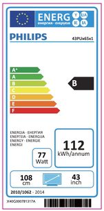Energimærke for en Philips 43PUx65x1-tv, klasse B, 112 kWh/år, 43 tommer, 108 cm, fra 2010 til 2014