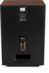 Sloupcový reproduktor Klipsch Heresy IV Auburn, pohled zezadu, dřevěná skříň, černý panel, dvojité svorky a obdélníkový basreflex