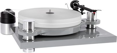 Giradischi hi-fi Block PS-100+ grigio visto da tre quarti davanti, base laccata grigio lucido su piedini cilindrici metallici, piatto bianco spesso, braccio di lettura nero e motore esterno cilindrico nero e argento collegato tramite cinghia