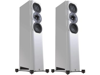 Enceintes colonne Perlisten S5t blanc laqué, vue frontale, 3 haut-parleurs circulaires noirs, socles métalliques avec pointes