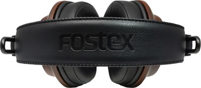 Sort Fostex T60RP Mk2 hi-fi-hovedtelefon, polstret pandebånd i læder med Fostex-logo, brune ørepuder set fra oven