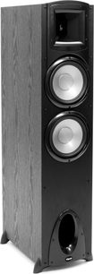 Klipsch Synergy F-30 sort gulvhøjttaler, set forfra, to runde højttalere, diskant, bas-refleksport