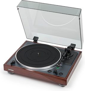 Giradischi hi-fi Thorens TD 102 A in noce lucido, vista 3/4 anteriore destra, coperchio aperto, braccio di lettura, piatto nero