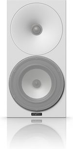 Altavoz de estantería Amphion Argon 3S blanco, vista frontal, altavoces circulares blancos y negros, tweeter central