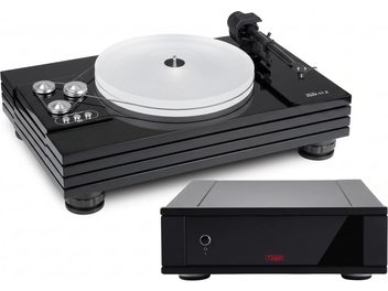 Svart Music Hall mmf-11.3-platespiller med hvit platetallerken, tonearm og separat Rega-boks