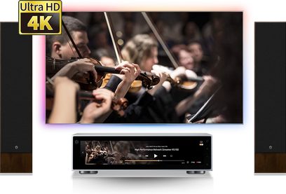 Netværksaudioafspiller Rose RS150 i sort. Skærmen viser et symfonisk orkester, der spiller violin på scenen