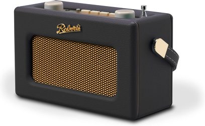 Roberts Revival Uno BT bordradio, rektangulært kabinet i sort præget kunstlæder med gyldent metalgitter over højttaleren, cremefarvede betjeningsknapper og forkromet antenne på toppen, sort sidelæderrem med gylden endekappe, set i trekvart forperspektiv