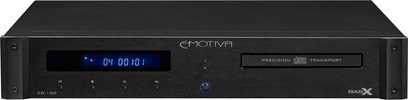 Emotiva BASX CD-100 sort CD-afspiller, frontvisning, blåt display, drejeknap, USB-port, børstet aluminiumsfront