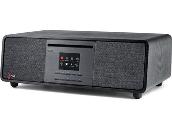 Alt-i-ett hi-fi-system Pinell of Norway Supersound 701 svart, kabinett i svart tre med avrundede hjørner og to høyttalergriller i grått stoff, sentralpanel i børstet metall med CD-spalte, fargeskjerm og knapper, trekvart forfra, plassert på fire føtter