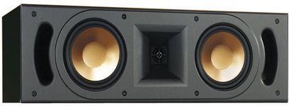 Klipsch RC-10 sort centerkanal, set forfra, med to runde, forgyldte højttalere i et rektangulært kabinet