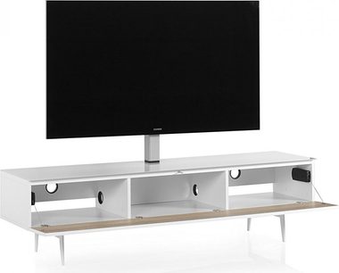 Sonorous STA361 baltos spalvos lakuotos medienos ir metalo audio-video baldai, matomi iš priekio, su centriniu metaliniu TV laikikliu, atverčiama šviesaus medžio faneruotės priekine dalimi, atidaryta ir atskleidžiančia tris skyrius su apvaliais kabelių pravedimais, stovintys ant keturių plonų kojelių
