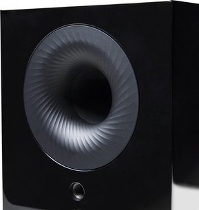 Definitive Technology D7 hvid bogreolhøjttaler, tæt forfra, sort spiralmønster på lys grå baggrund